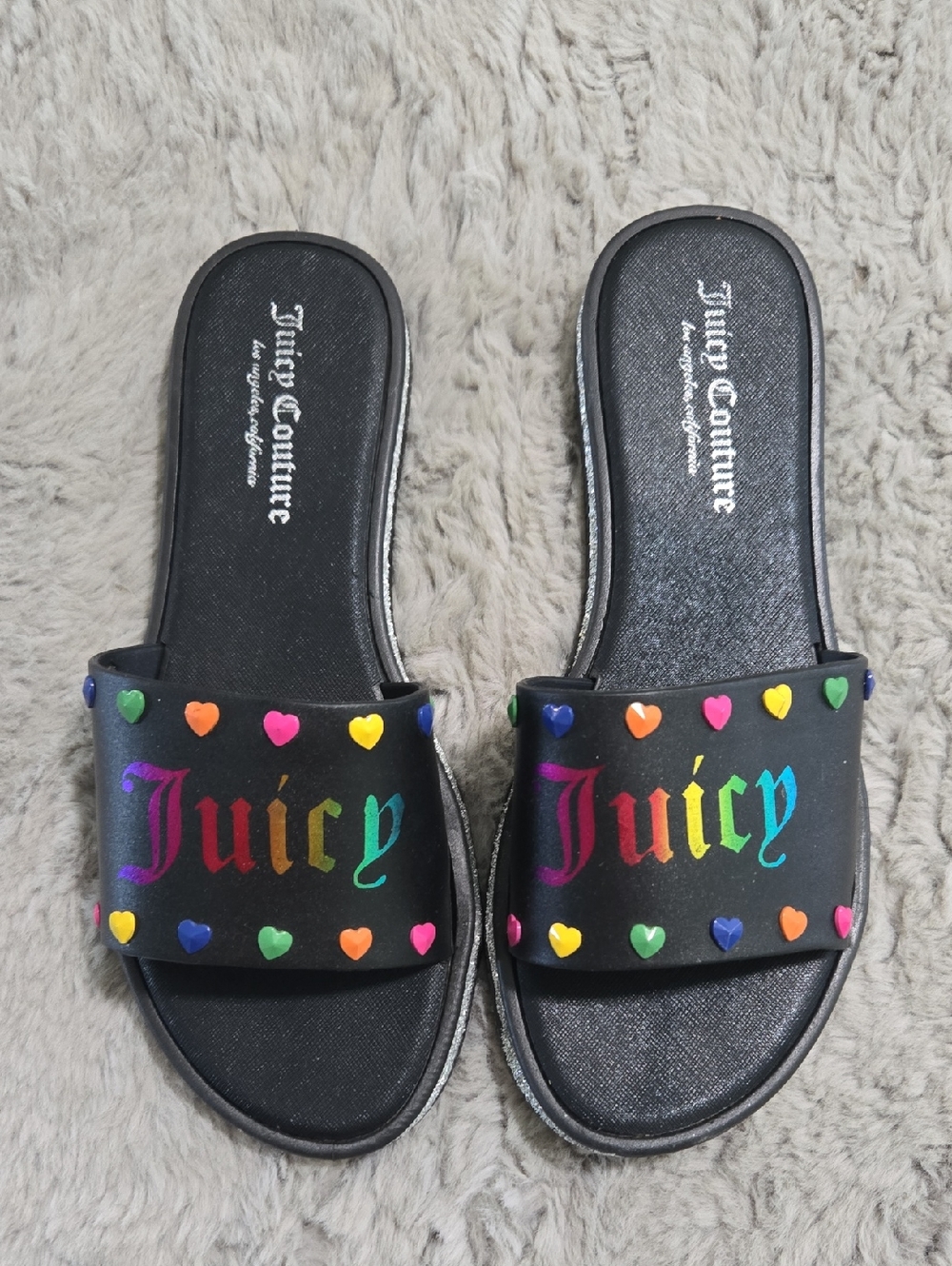 Juicy Couture black slides rainbow juicy logo with hearts design size 7.5